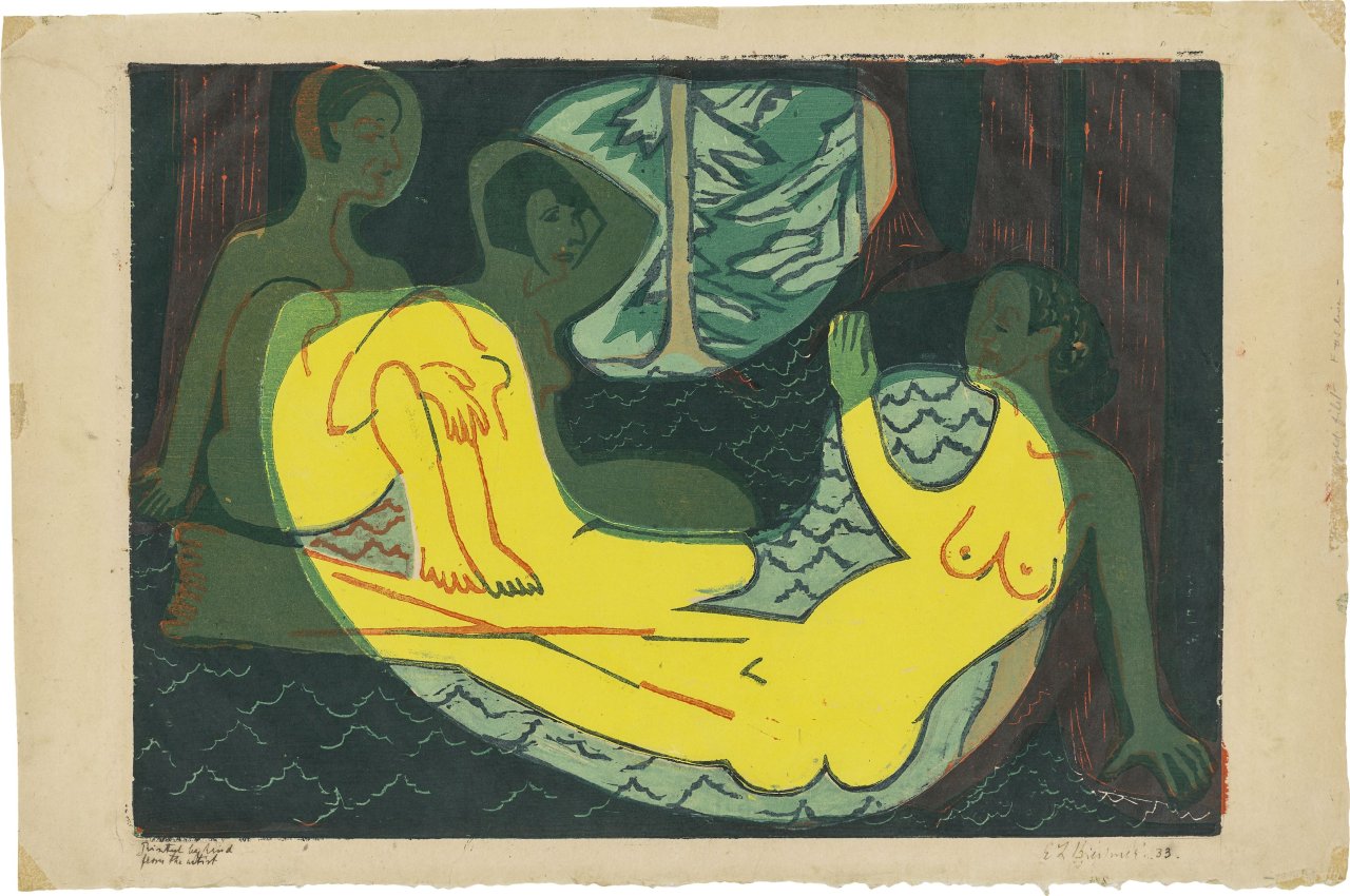 Auf diesem Bild ist das folgende Kunstwerk zu sehen: Ernst Ludwig Kirchner. „Drei Akte im Walde“. 1933.
