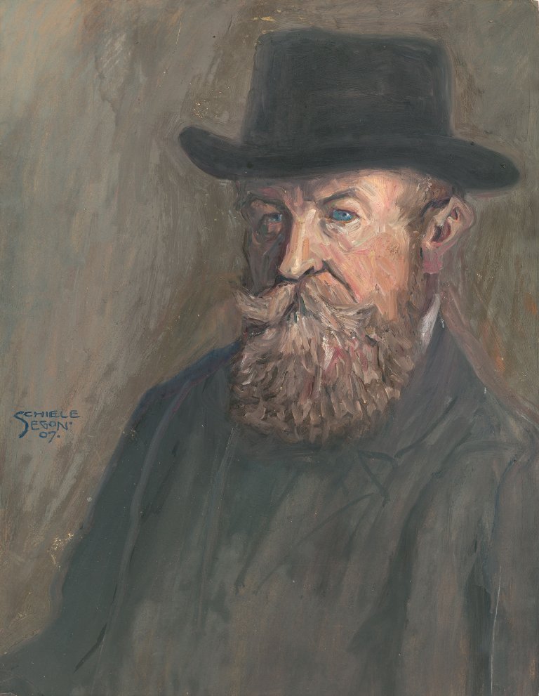 Auf diesem Bild ist das folgende Kunstwerk zu sehen: Egon Schiele. „Portrait of a Man with Beard and Hat“. 1907.