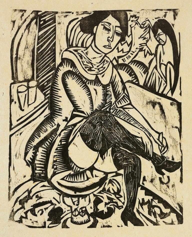 Auf diesem Bild ist das folgende Kunstwerk zu sehen: Ernst Ludwig Kirchner. "Frau, Schuh zuknöpfend". 1912.