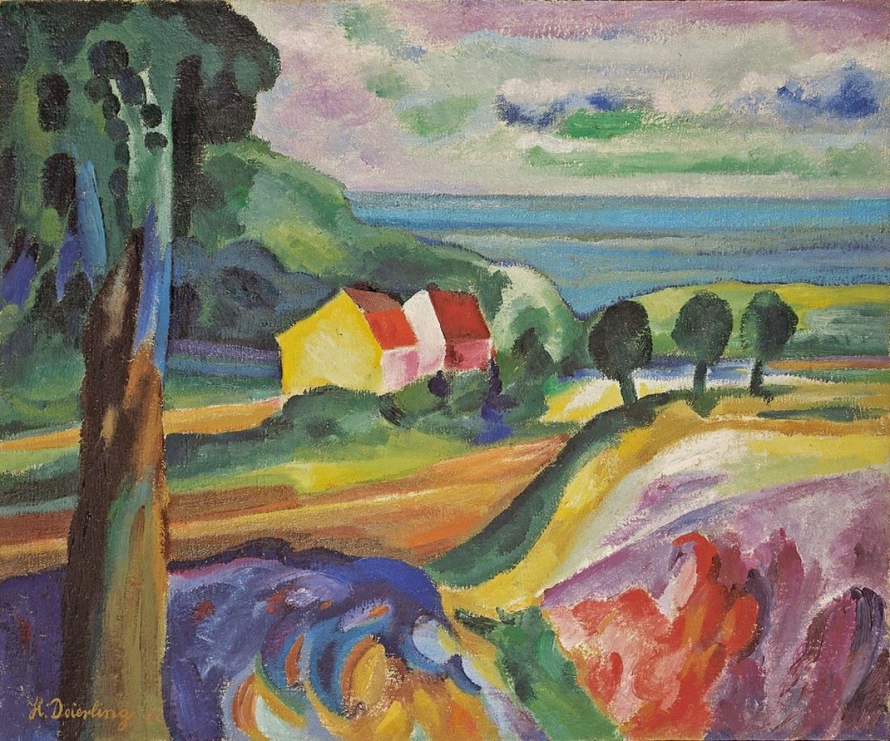 Auf diesem Bild ist das folgende Kunstwerk zu sehen: Harry Deierling. Landschaft (Häuser mit roten Dächern). 1922.