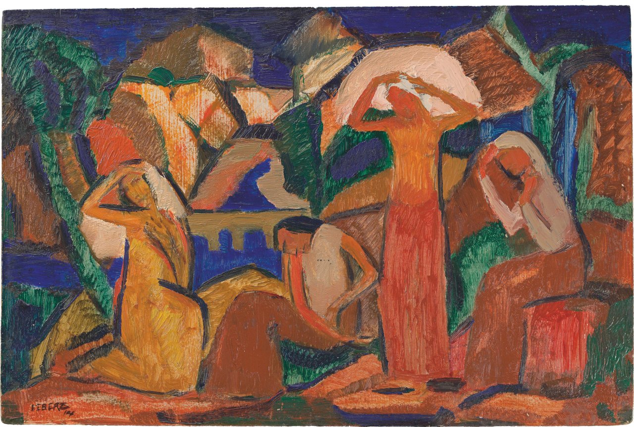 Auf diesem Bild ist das folgende Kunstwerk zu sehen: Josef Eberz. Vier Frauen in einer Flusslandschaft. 1914.