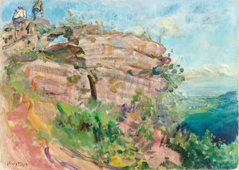 Auf diesem Bild ist das folgende Kunstwerk zu sehen: Max Slevogt. Pfalzlandschaft – Der Felsen von Neukastel. 1917.