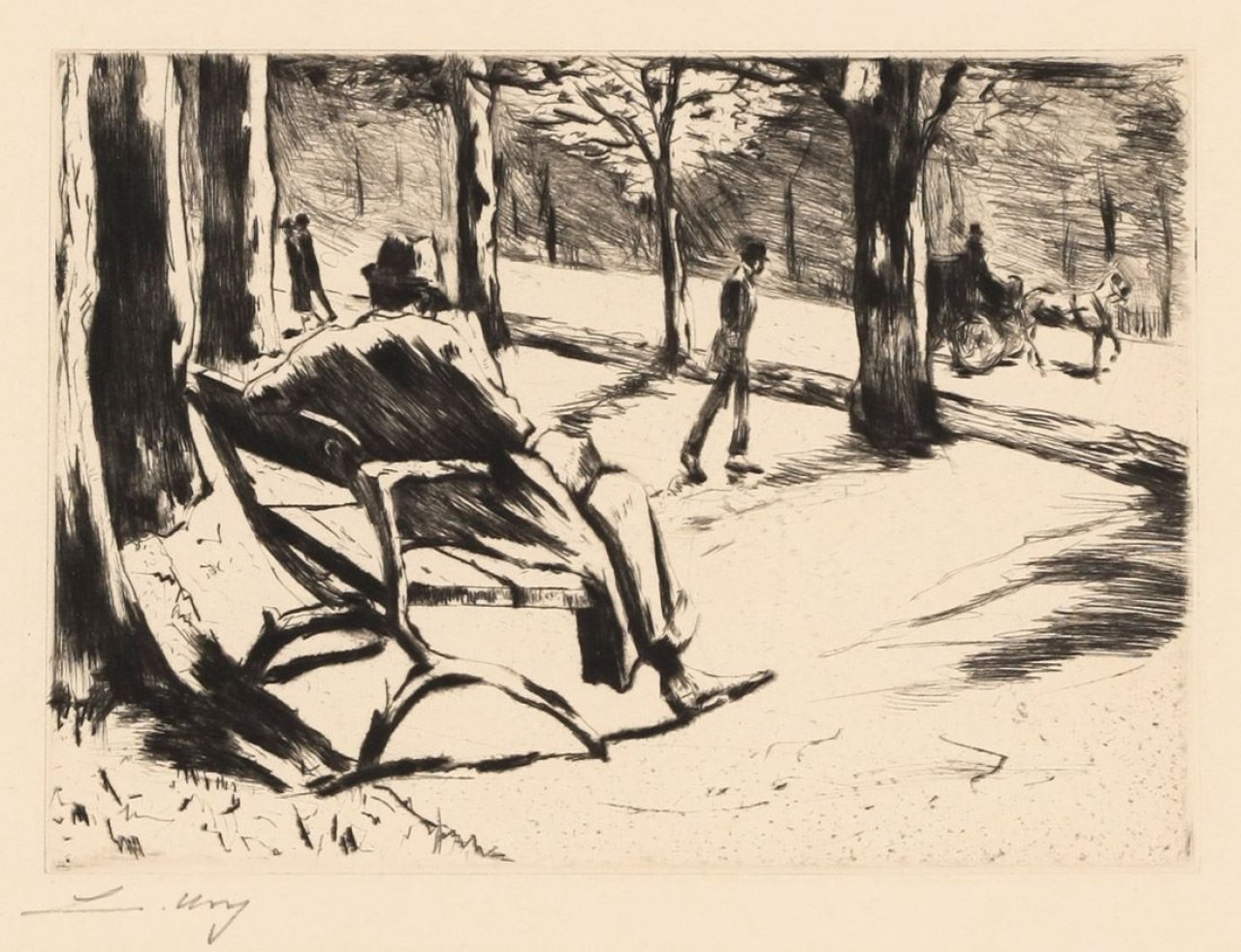 This picture shows the following artwork: Lesser Ury. „Zeitungsleser mit Filzhut im Tiergarten“. 1922.