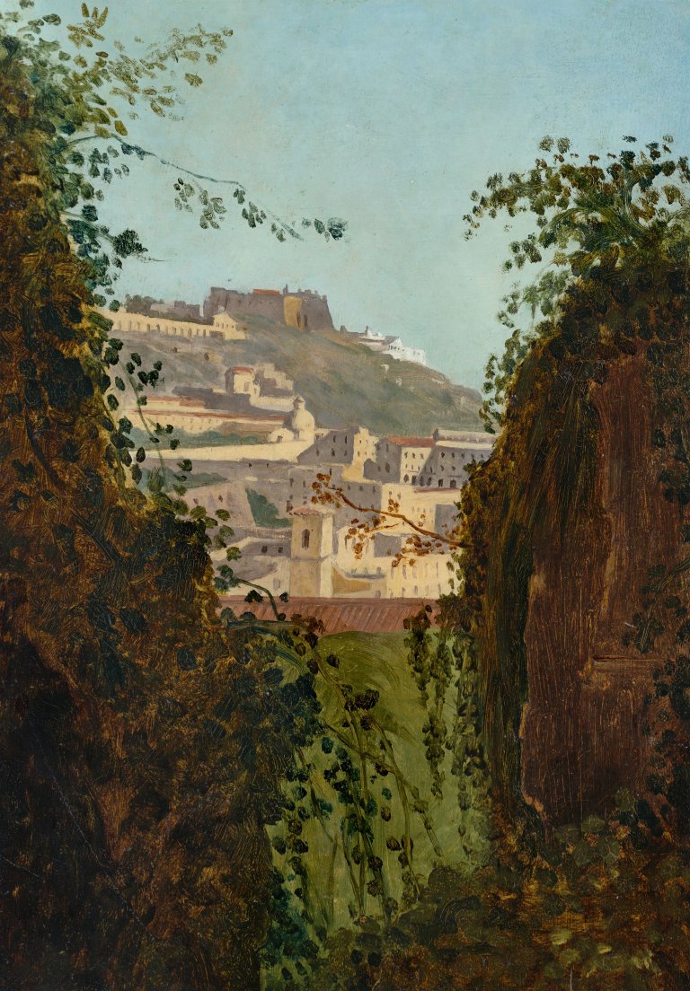 Auf diesem Bild ist das folgende Kunstwerk zu sehen: Franz Ludwig Catel. „Blick vom Grab des Vergil auf den Vomero-Hügel mit Castel Sant'Elmo in Neapel“. Um 1818/19.