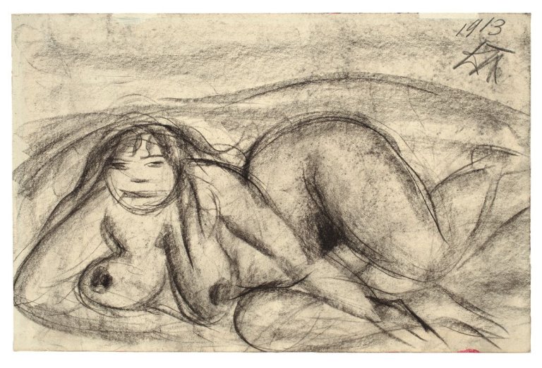 Auf diesem Bild ist das folgende Kunstwerk zu sehen: Otto Dix. „Liegender weiblicher Akt“. 1913.