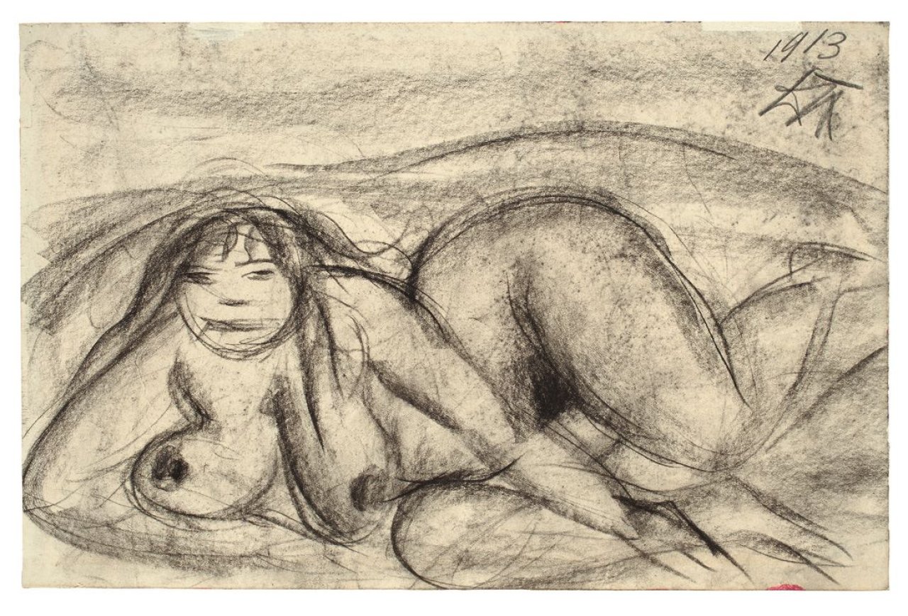 Auf diesem Bild ist das folgende Kunstwerk zu sehen: Otto Dix. „Liegender weiblicher Akt“. 1913.