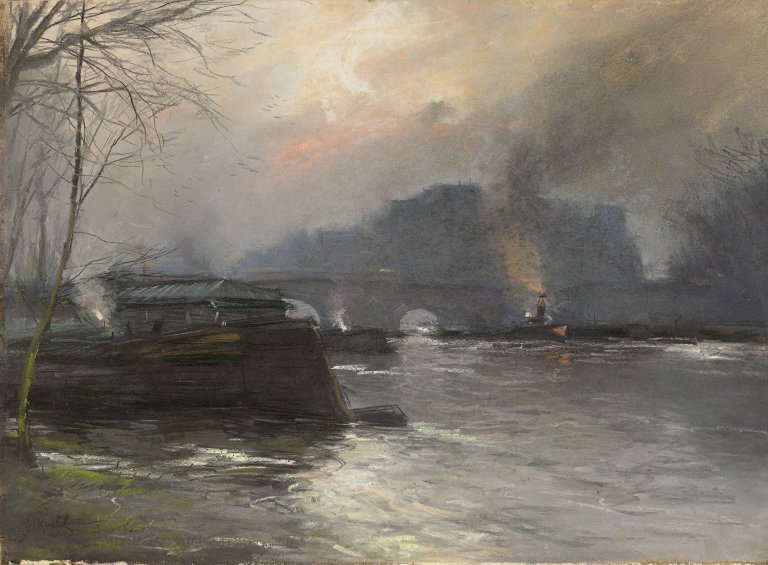 Auf diesem Bild ist das folgende Kunstwerk zu sehen: Gotthardt Kuehl. Fluss mit Brücke und Dampfschiff (Paris).