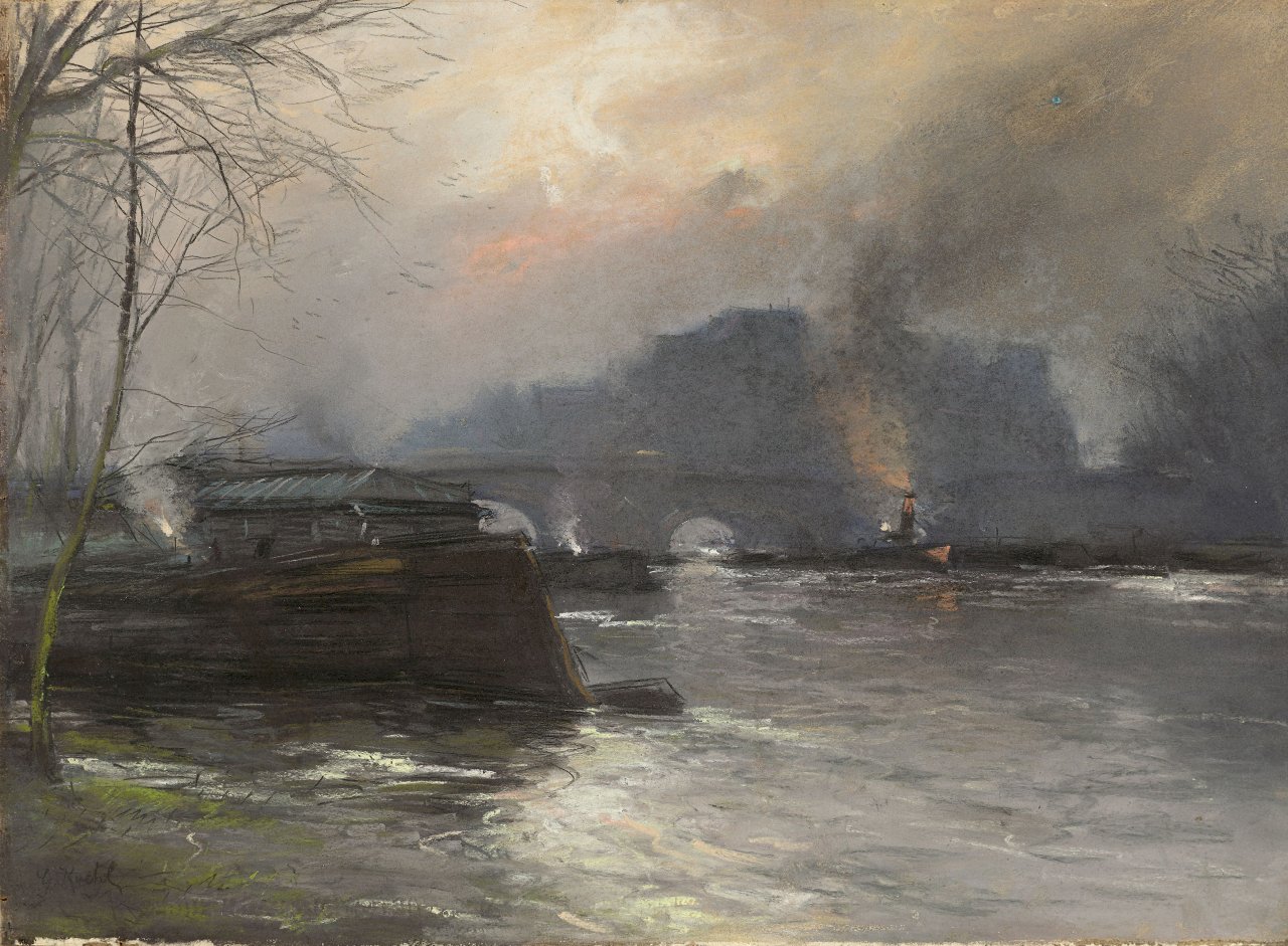Auf diesem Bild ist das folgende Kunstwerk zu sehen: Gotthardt Kuehl. Fluss mit Brücke und Dampfschiff (Paris).