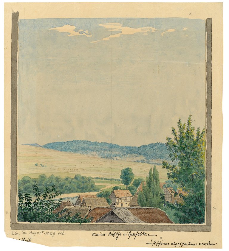 Auf diesem Bild ist das folgende Kunstwerk zu sehen: Ludwig Emil Grimm. „Ansicht von Goßfelden bei Marburg“. 1829.