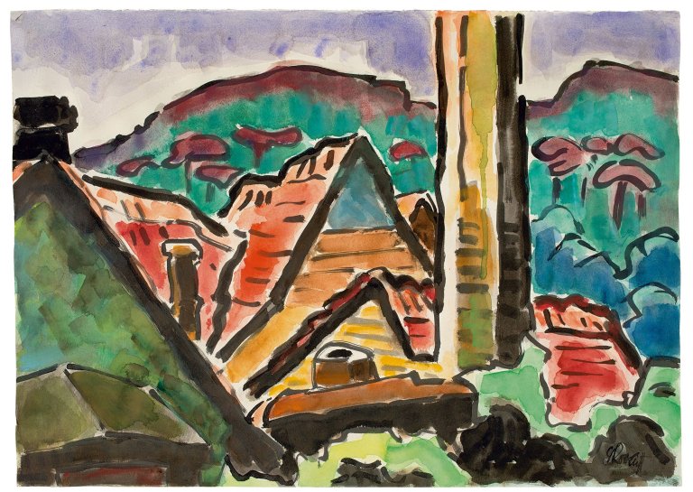 Auf diesem Bild ist das folgende Kunstwerk zu sehen: Karl Schmidt-Rottluff. „Haus in bergiger Landschaft“. 1939.