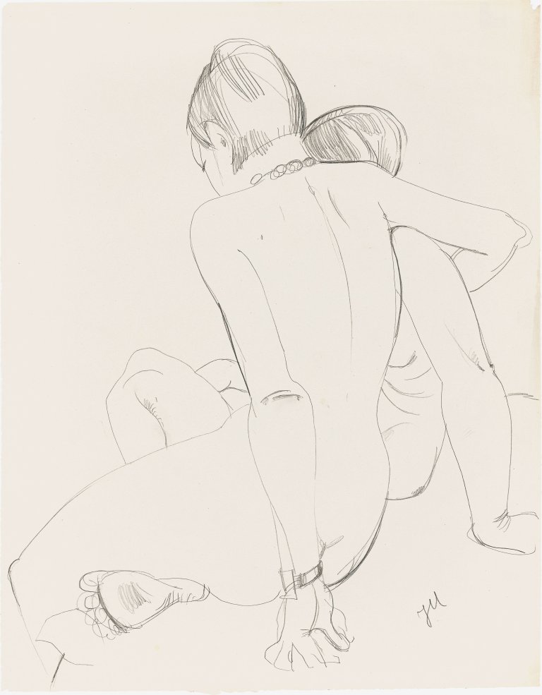 Auf diesem Bild ist das folgende Kunstwerk zu sehen: Jeanne Mammen. „Zwei Mädchen, umschlungen am Bettrand II (Am Morgen)“. Um 1930-32.