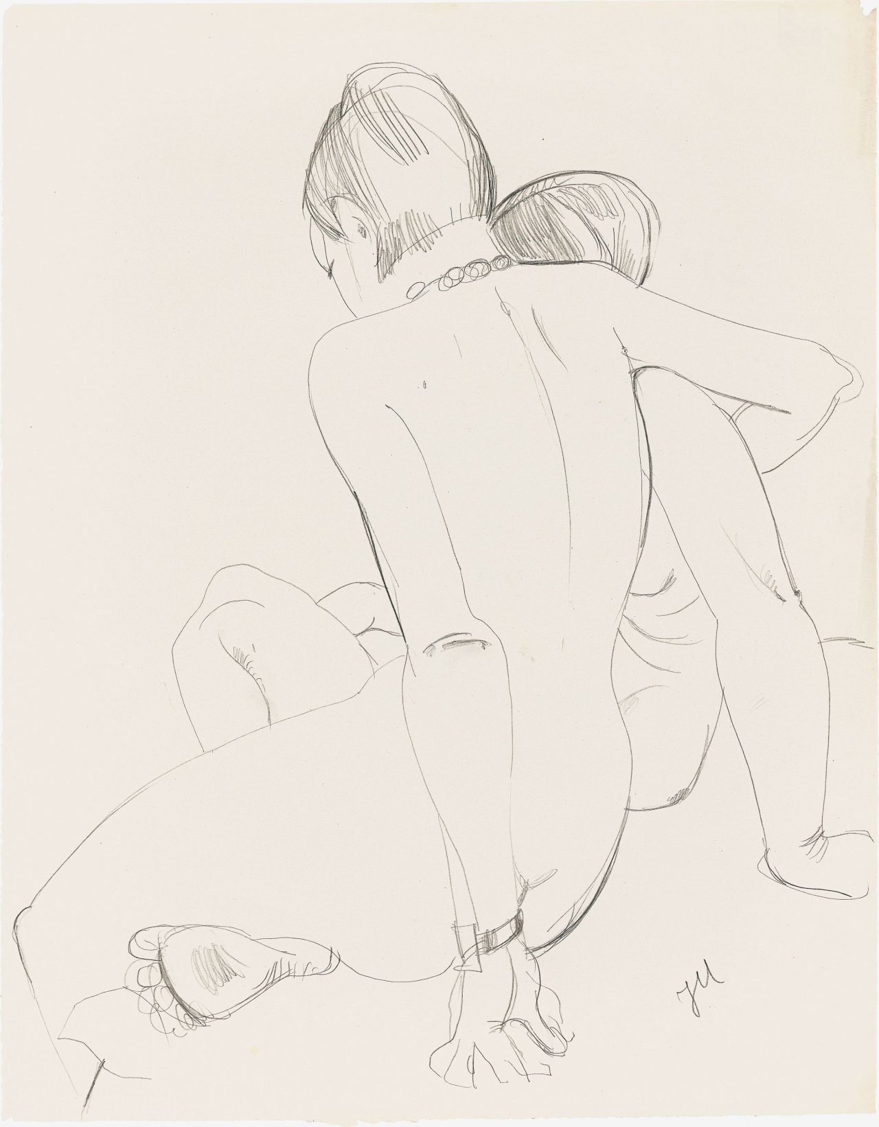 This picture shows the following artwork: Jeanne Mammen. ”Zwei Mädchen, umschlungen am Bettrand II (Am Morgen)”. Circa 1930-32.