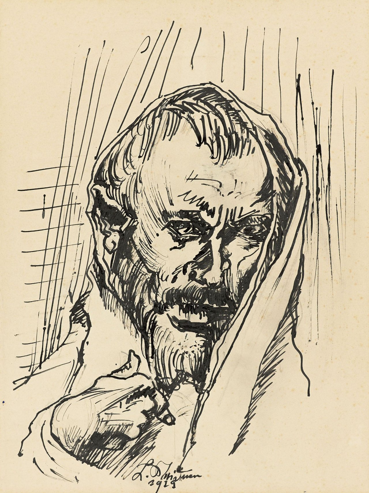 Auf diesem Bild ist das folgende Kunstwerk zu sehen: Ludwig Meidner. Männliches Porträt im Gebetsmantel. 1919.