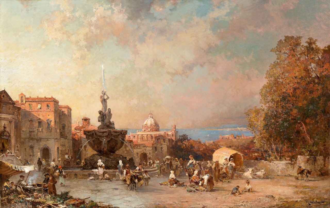 Auf diesem Bild ist das folgende Kunstwerk zu sehen: Franz Richard Unterberger. Ein Markt in Neapel.