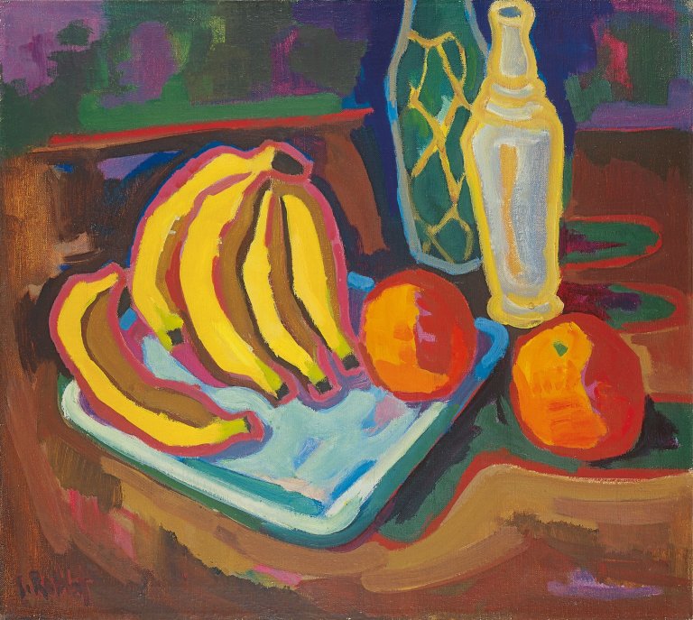Auf diesem Bild ist das folgende Kunstwerk zu sehen: Karl Schmidt-Rottluff. „Stilleben mit Bananen“. 1950.