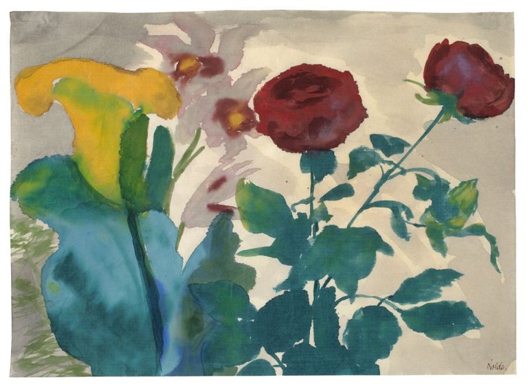 This picture shows the following artwork: Emil Nolde. „Rosen, Calla und Iris“. Circa 1925.