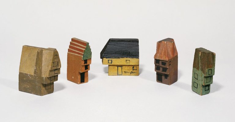 Auf diesem Bild ist das folgende Kunstwerk zu sehen: Lyonel Feininger. 5 Spielzeughäuser. 1920er Jahre.
