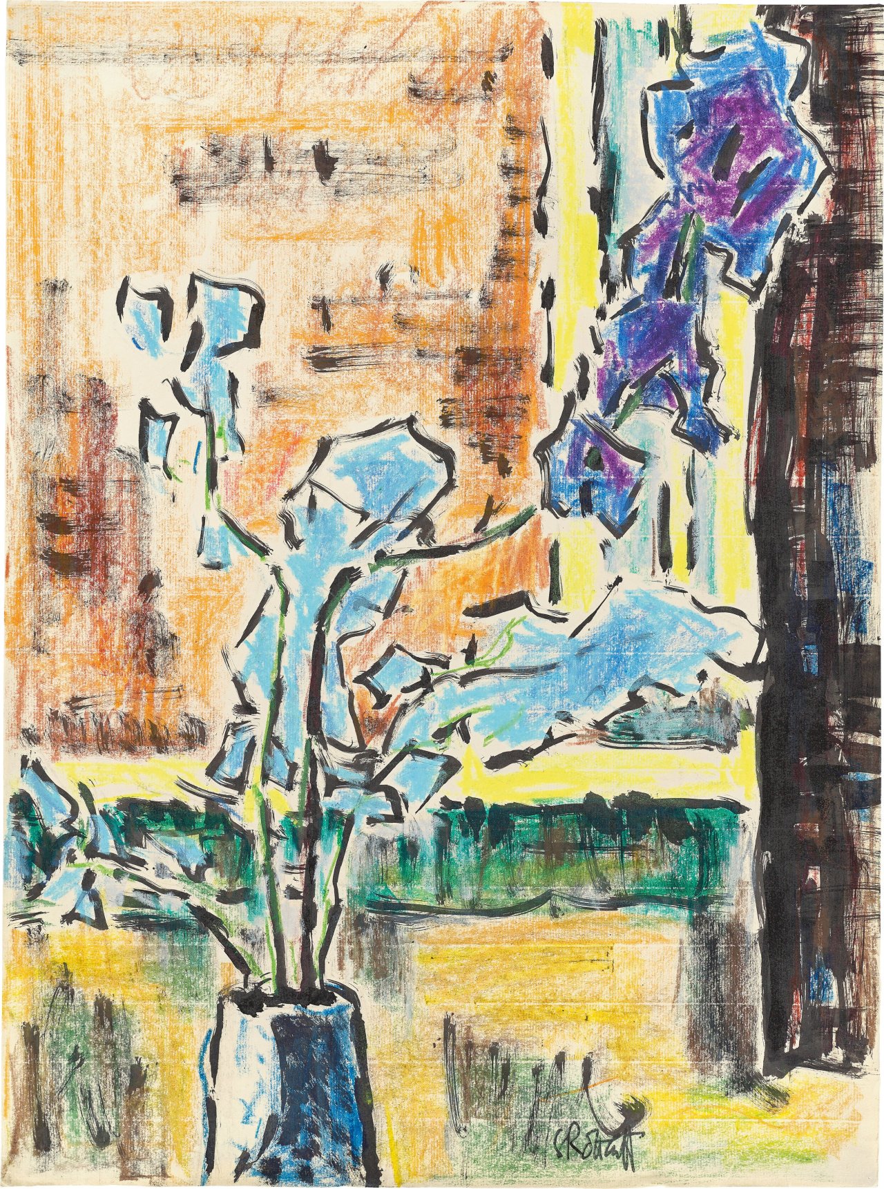 Auf diesem Bild ist das folgende Kunstwerk zu sehen: Karl Schmidt-Rottluff. Blumenstillleben mit Rittersporn. Um 1970.