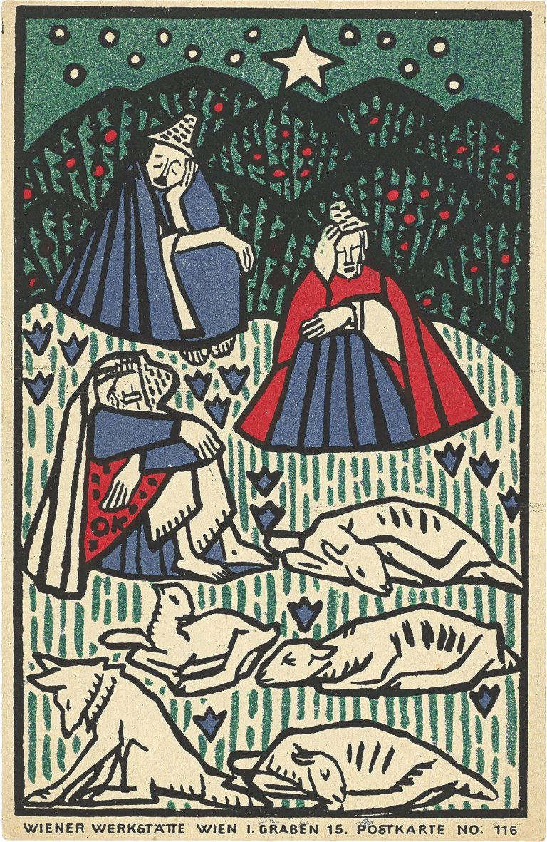 Auf diesem Bild ist das folgende Kunstwerk zu sehen: Oskar Kokoschka. „Drei Hirten, Hund und Schafe“ / „Mädchen auf Wiese vor einem Dorf“ / „Mädchen am Fenster“. 1906–1908.