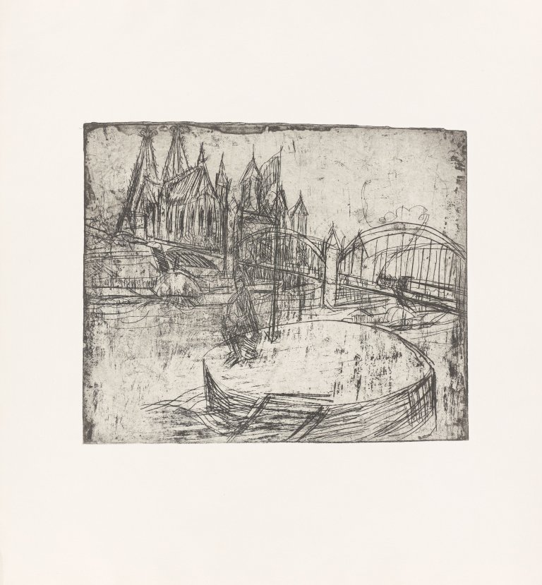 Auf diesem Bild ist das folgende Kunstwerk zu sehen: Ernst Ludwig Kirchner. „Rheinbrücke Köln“. 1914/79.