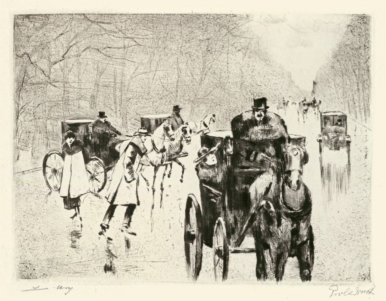 This picture shows the following artwork: Lesser Ury. „Winterliche Tiergartenallee mit Pferdedroschken”. Circa 1920.