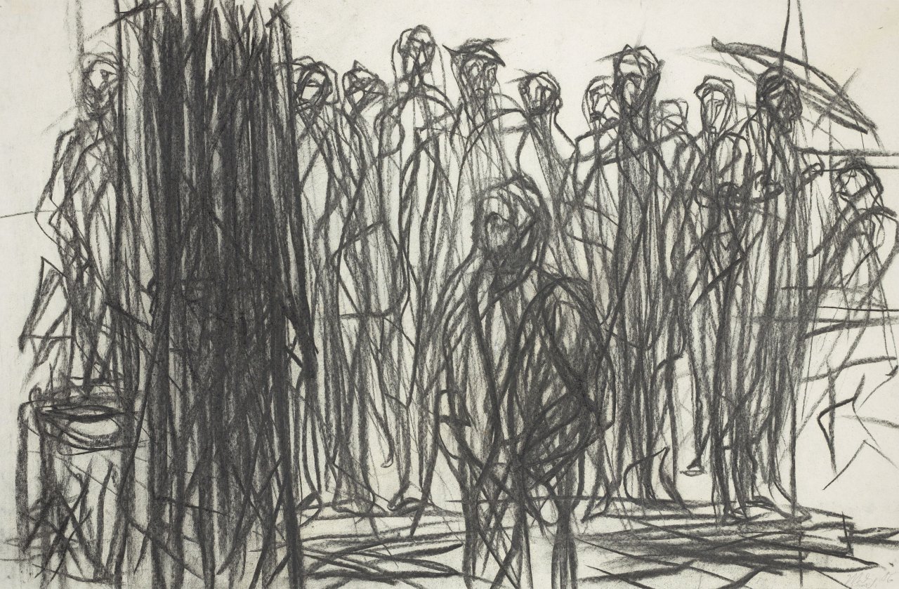 Auf diesem Bild ist das folgende Kunstwerk zu sehen: Max Uhlig. „Figurengruppe an einer Bahnstation“. 1986.