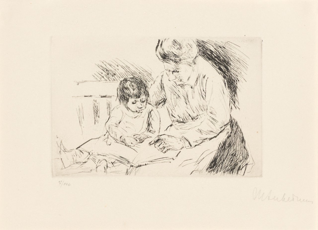This picture shows the following artwork: Max Liebermann. ”Wärterin und Kind auf einer Gartenbank beim Bilderbuchbetrachten”. Circa 1920.