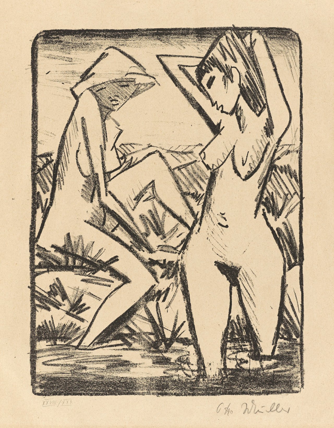 This picture shows the following artwork: Otto Mueller. ”Im Wasser stehendes und am Ufer sitzendes Mädchen mit Hut”. 1921/22.