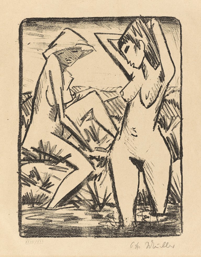 Auf diesem Bild ist das folgende Kunstwerk zu sehen: Otto Mueller. „Im Wasser stehendes und am Ufer sitzendes Mädchen mit Hut“. 1921/22.