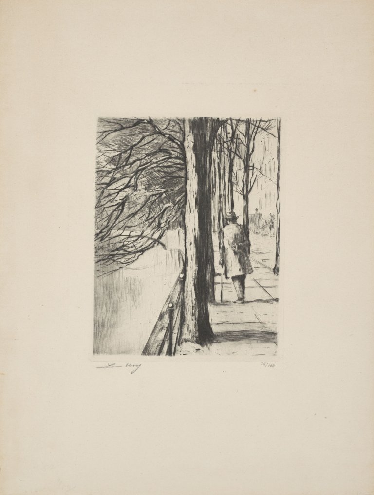 Auf diesem Bild ist das folgende Kunstwerk zu sehen: Lesser Ury. „Spaziergänger am Landwehrkanal“. 1924.