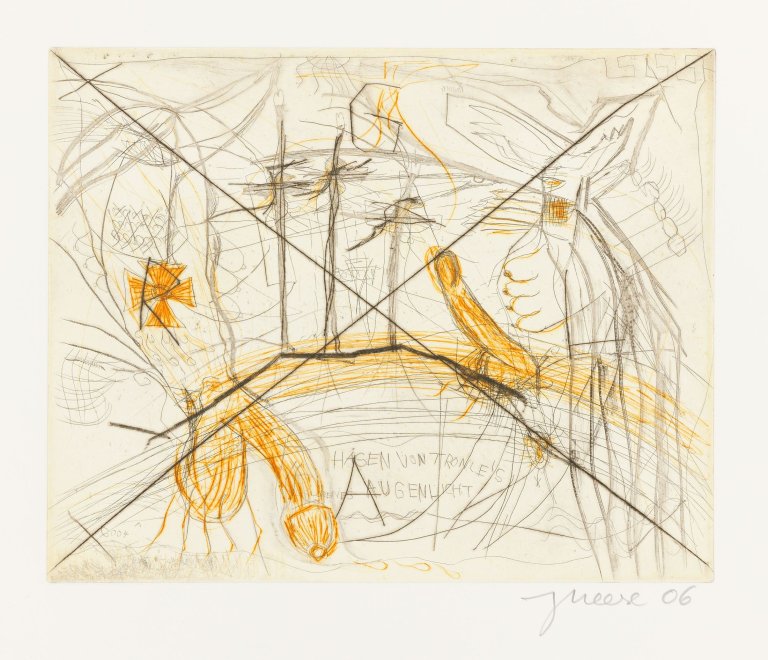 Auf diesem Bild ist das folgende Kunstwerk zu sehen: Jonathan Meese. „Zwei Schwänze für ein Halleluja (Django IV-II)“ / „Der hohlste Kunsthistoriker“ / „Die Exe Schrympylei“ / „Der Junker Toni, Ohni“ / „Don Skeletti im Fettnapf mit 10 Zäpfchen“ / „Colonel Iverson“. 2006/07.