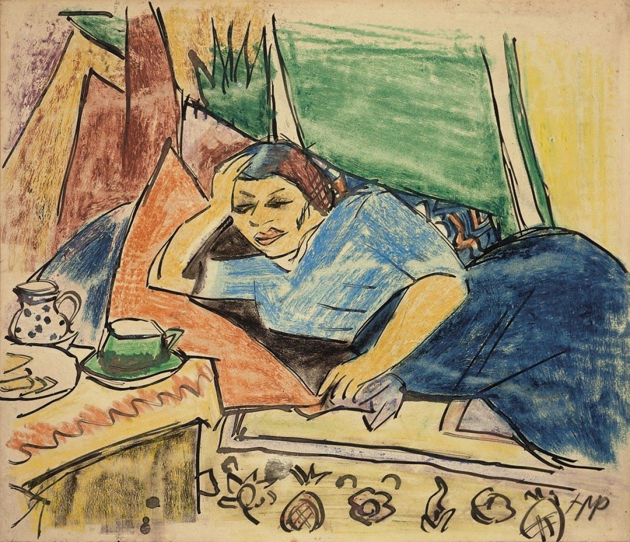 Auf diesem Bild ist das folgende Kunstwerk zu sehen: Max Pechstein. Liegende auf Diwan. Um 1910/12.