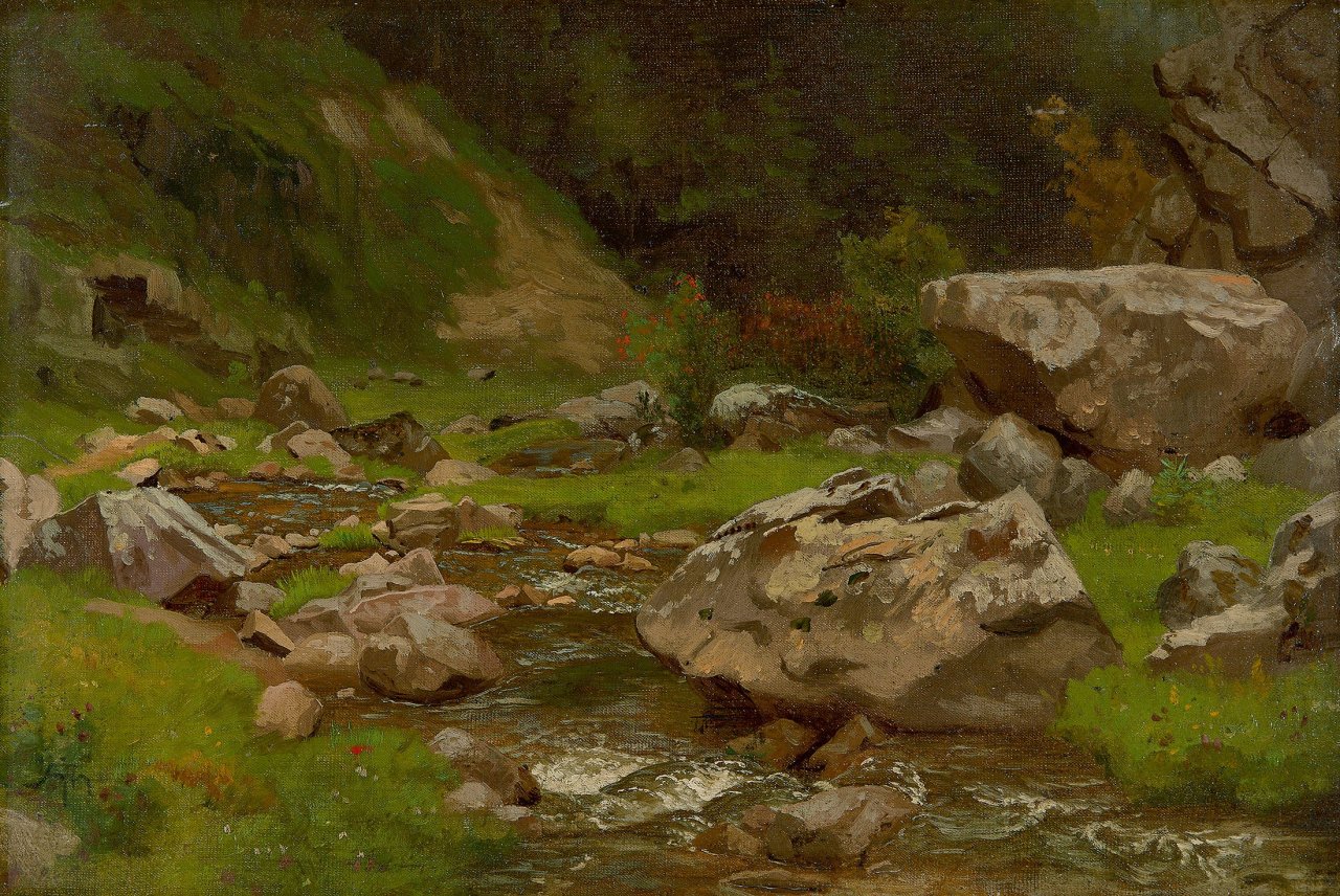 Auf diesem Bild ist das folgende Kunstwerk zu sehen: Hans Thoma. Gebirgsbach. Um 1862.