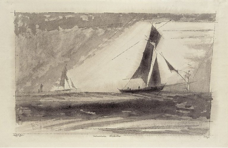 Auf diesem Bild ist das folgende Kunstwerk zu sehen: Lyonel Feininger. „Swinemünder Fischkutter“. 1934.