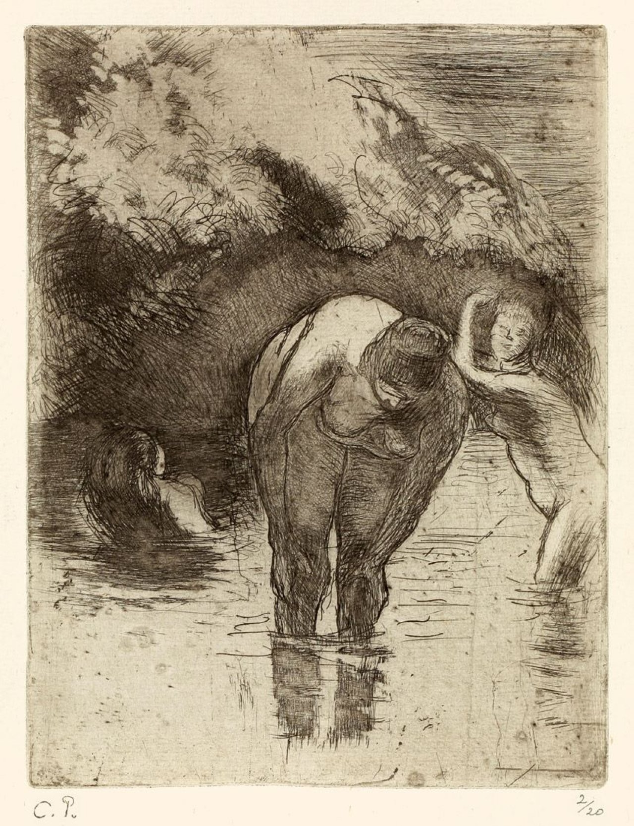 Auf diesem Bild ist das folgende Kunstwerk zu sehen: Camille Pissarro. „Les trois baigneuses“. 1894.