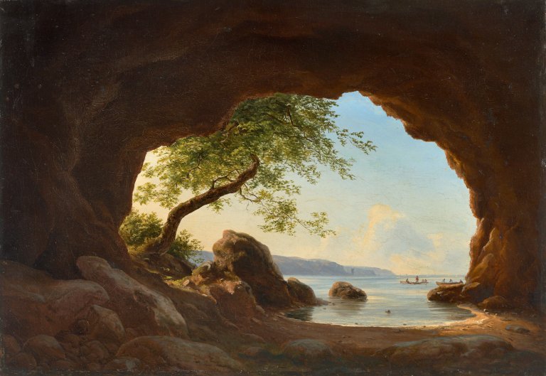 Auf diesem Bild ist das folgende Kunstwerk zu sehen: Georg Emil Libert. Felsengrotte auf Bornholm. Um 1840.