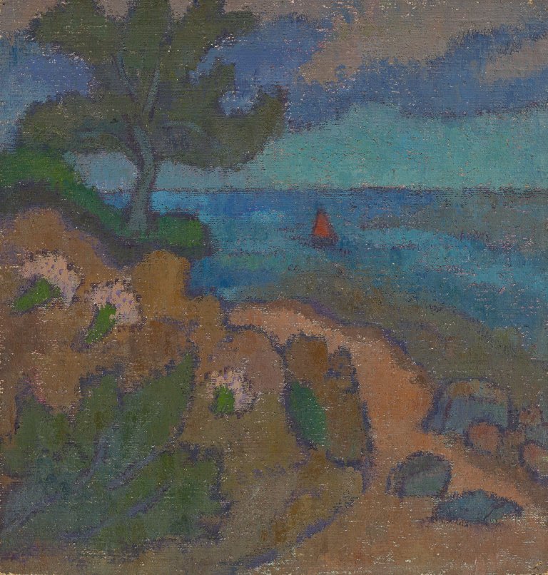 Auf diesem Bild ist das folgende Kunstwerk zu sehen: Karen Schacht. Achterwasserblick mit rotem Segel. Um 1947/48.