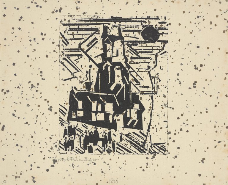 Auf diesem Bild ist das folgende Kunstwerk zu sehen: Lyonel Feininger. „Rathausplatz“. 1918.