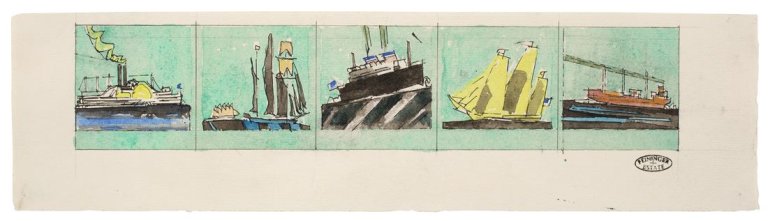 Auf diesem Bild ist das folgende Kunstwerk zu sehen: Lyonel Feininger. 5 Bilder verschiedener Schiffe. 1938.