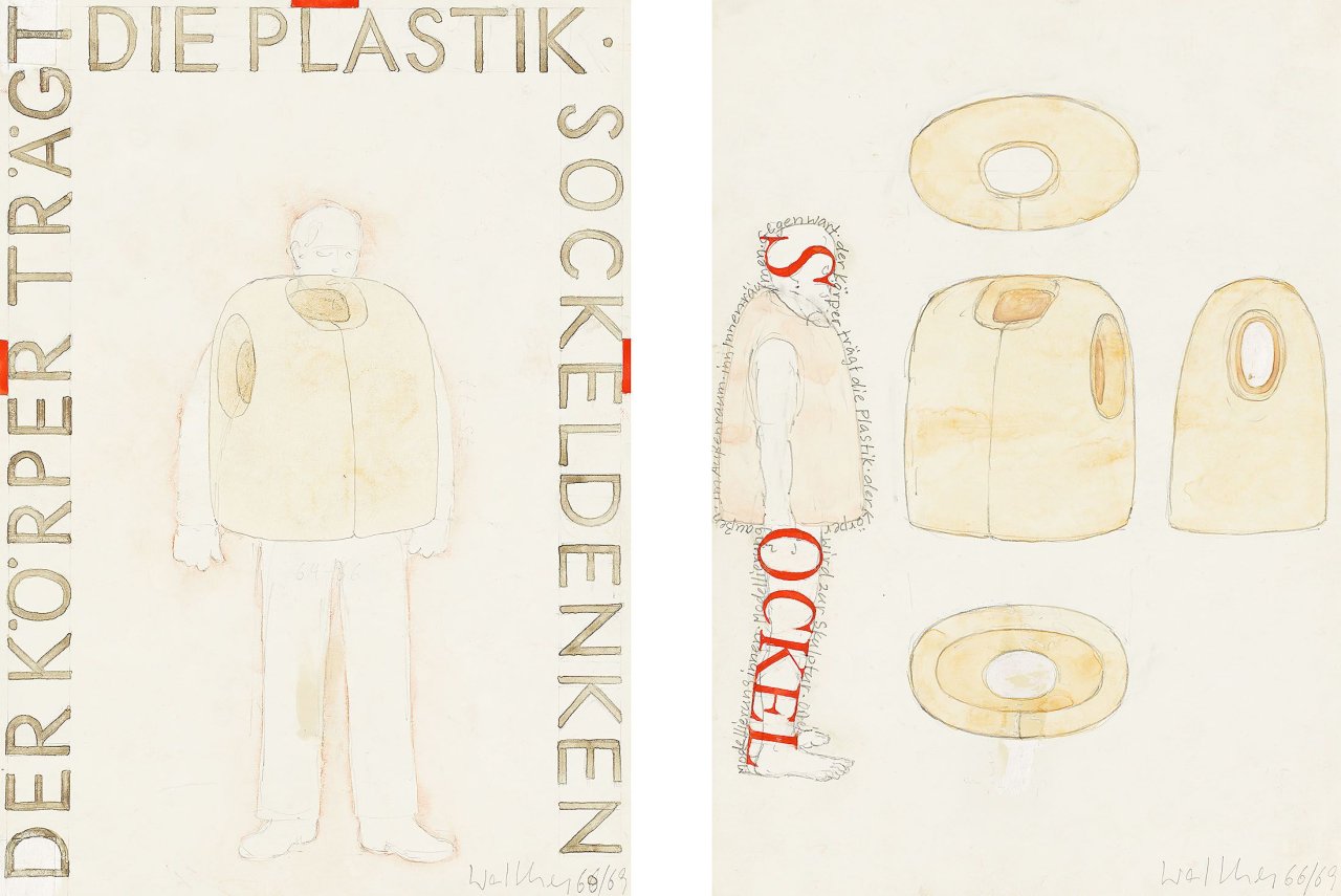 Auf diesem Bild ist das folgende Kunstwerk zu sehen: Franz Erhard Walther. Werkzeichnung (Der Körper trägt die Plastik - Sockeldenken). 1966/69.