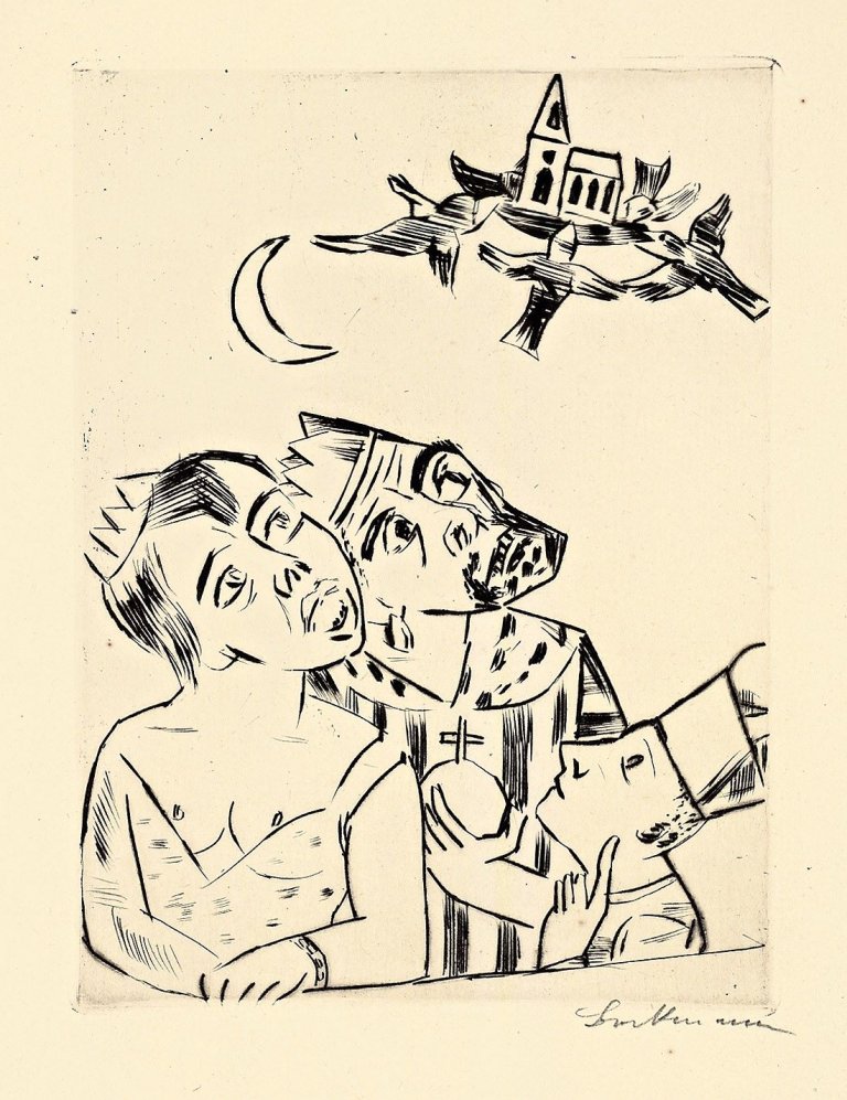 Auf diesem Bild ist das folgende Kunstwerk zu sehen: Max Beckmann. „König Jerum, Königin Würgipumba, Ursulus und die fliegende Kirche“. 1923.