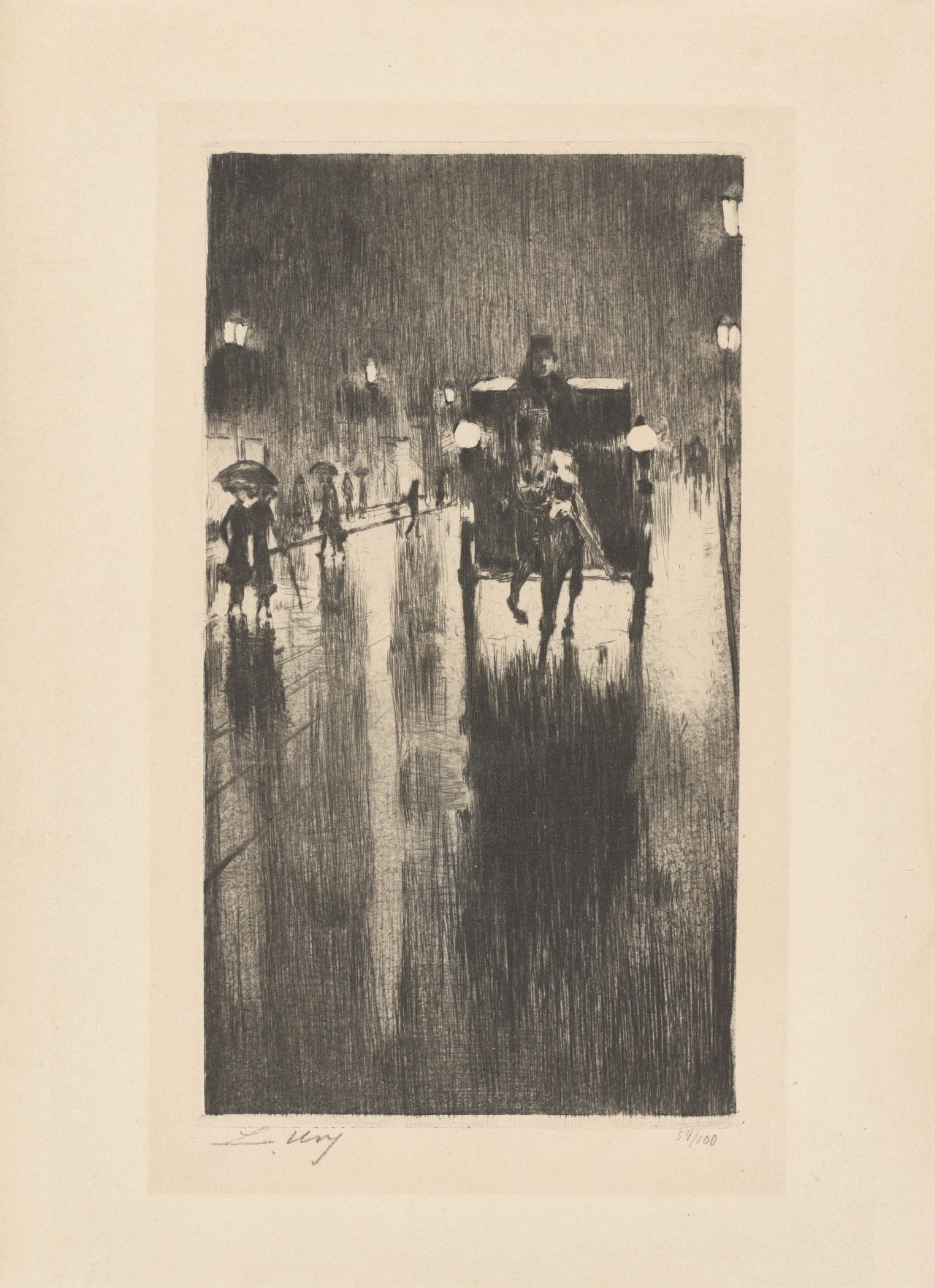 This picture shows the following artwork: Lesser Ury. ”Pferdedroschke im Regenwetter”. 1924.