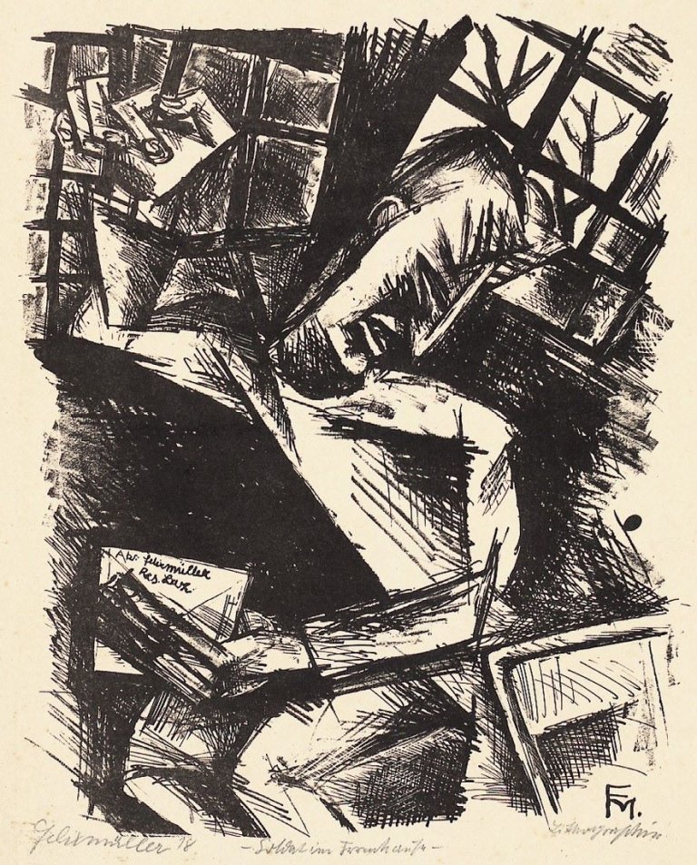 Auf diesem Bild ist das folgende Kunstwerk zu sehen: Conrad Felixmüller. „Soldat im Irrenhaus (II)“. 1918.