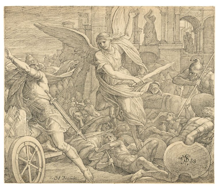 Auf diesem Bild ist das folgende Kunstwerk zu sehen: Julius Schnorr von Carolsfeld. „Sanheribs Macht wird auf Hiskias Gebet gebrochen“ (Der Erzengel Gottes schlägt die Armee des Assyrers). 1858.