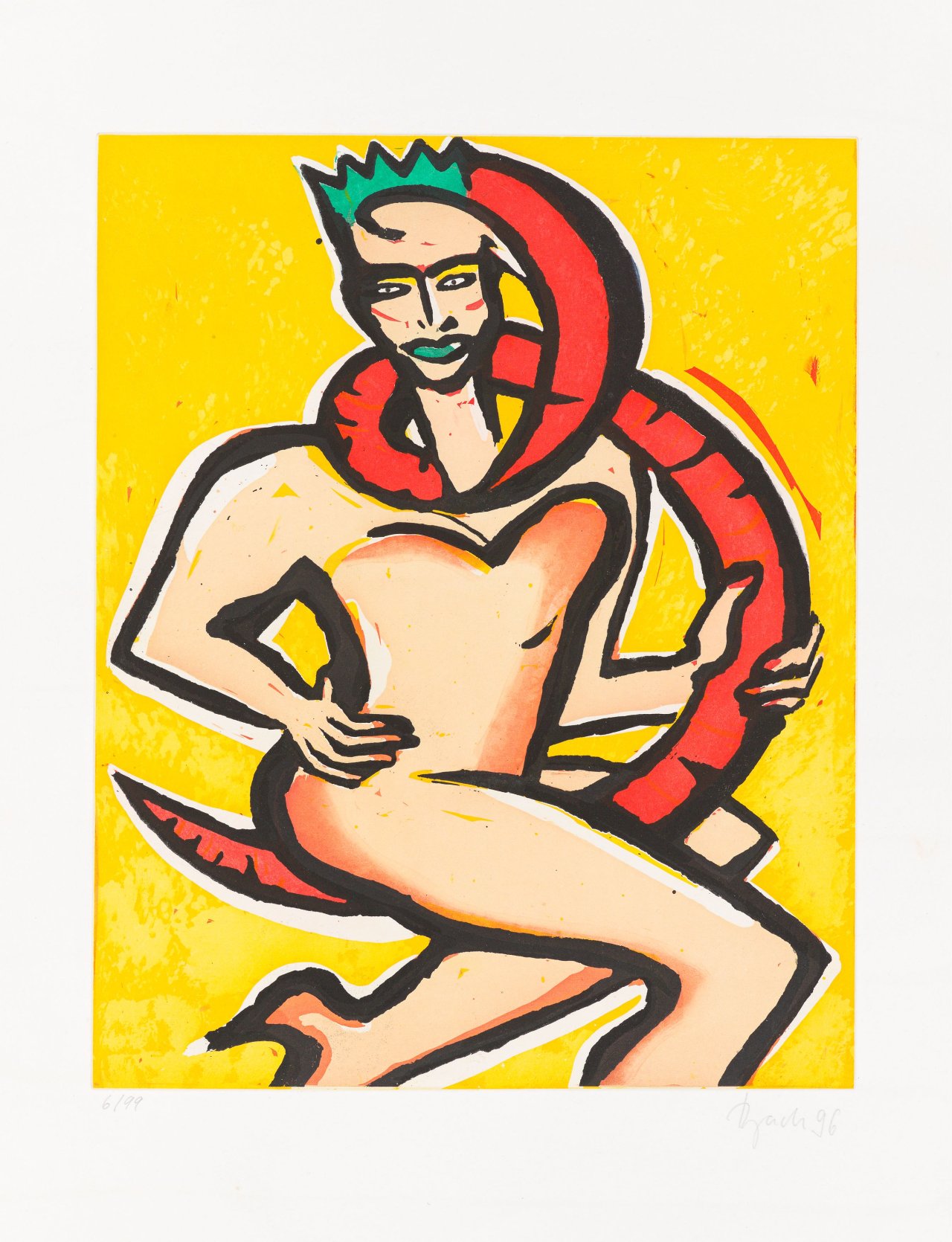 Auf diesem Bild ist das folgende Kunstwerk zu sehen: Elvira Bach. Frau mit Schlange. 1996.
