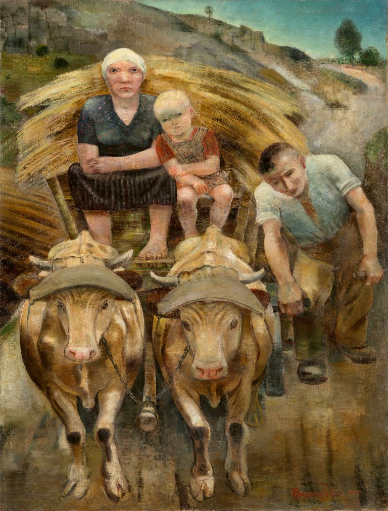 Auf diesem Bild ist das folgende Kunstwerk zu sehen: Magnus Zeller. Mit Ochsenkarren heimkehrende Familie. 1945.