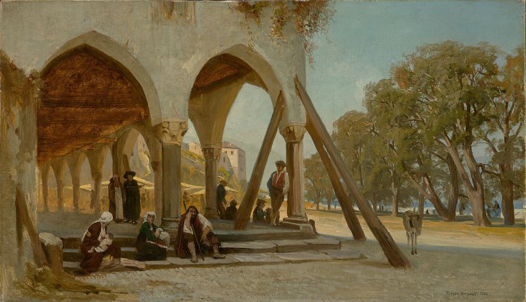 Auf diesem Bild ist das folgende Kunstwerk zu sehen: Eugen Bracht. Straßenleben in Italien. 1863.