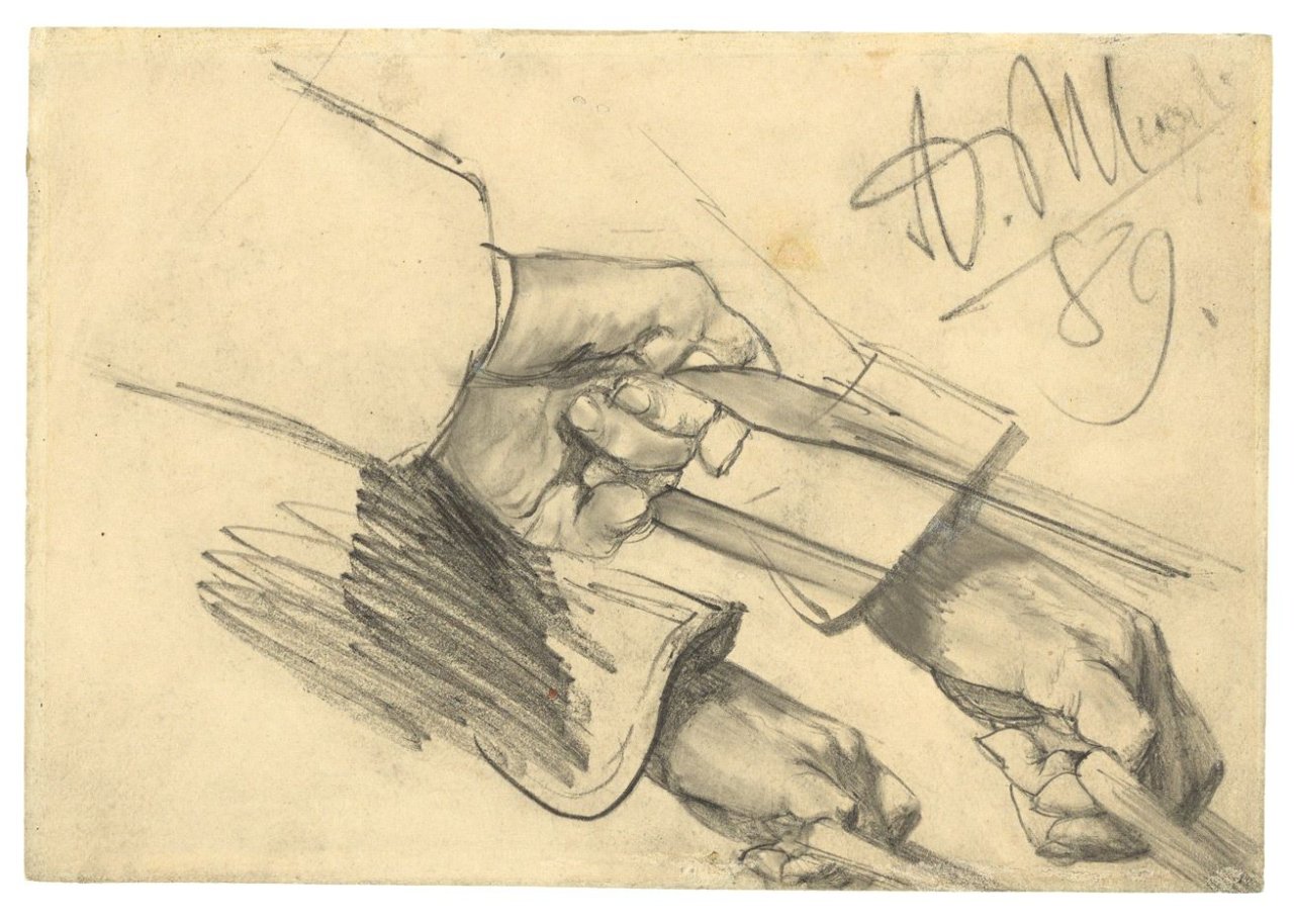 Auf diesem Bild ist das folgende Kunstwerk zu sehen: Adolph Menzel. Studie einer rechten Hand mit Hundeleine. 1889.