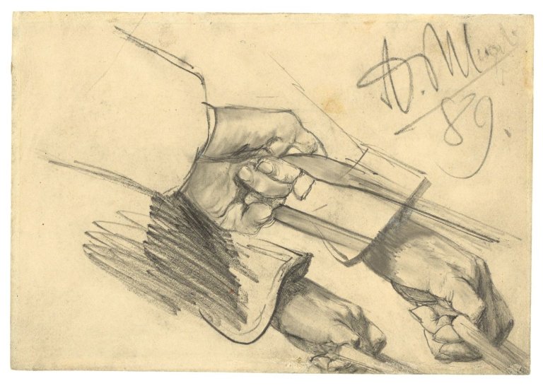 Auf diesem Bild ist das folgende Kunstwerk zu sehen: Adolph Menzel. Studie einer rechten Hand mit Hundeleine. 1889.