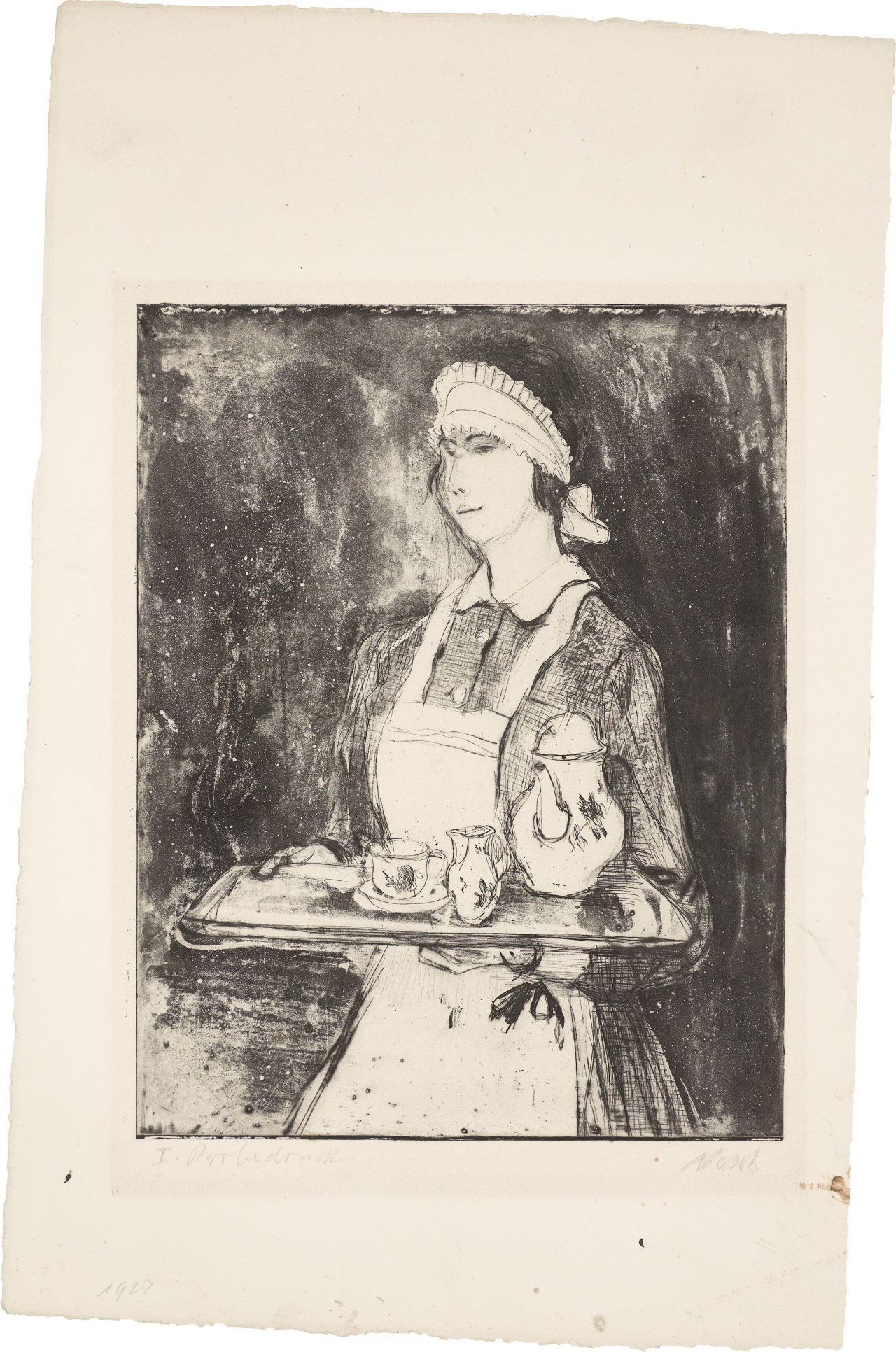 Auf diesem Bild ist das folgende Kunstwerk zu sehen: Rolf Nesch. „Mädchen mit Teetablett“. 1927.